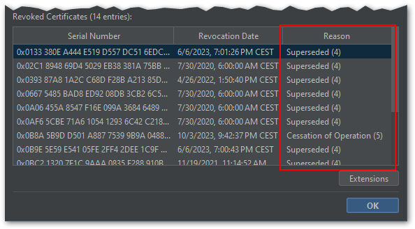 screenshot of reason code in CRL viewer dialog
