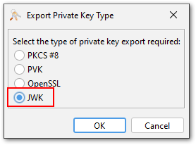 screenshot of jwk export for private key