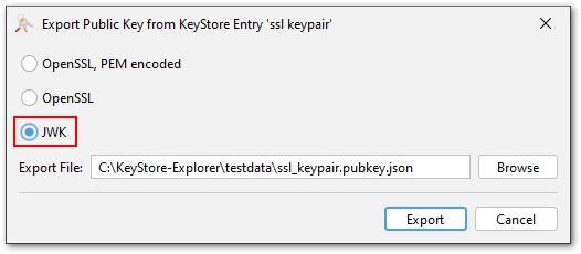screenshot of jwk export for pub key