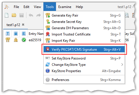 screenshot of pkcs7 verify menu item