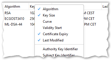 screenshot of column context menu