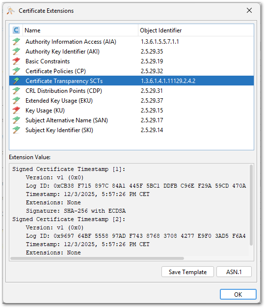 screenshot of certificate extensions