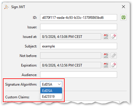 screenshot of EdDSA algorithm selection for JWS