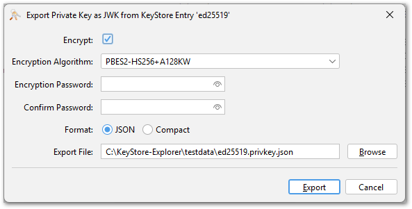 screenshot of JWK export as JWE